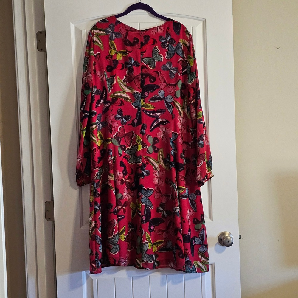 Doncaster Collection Pink Butterfly Print V-Neck Long Sleeve Shift Dress Size 16 - Picture 2 of 10